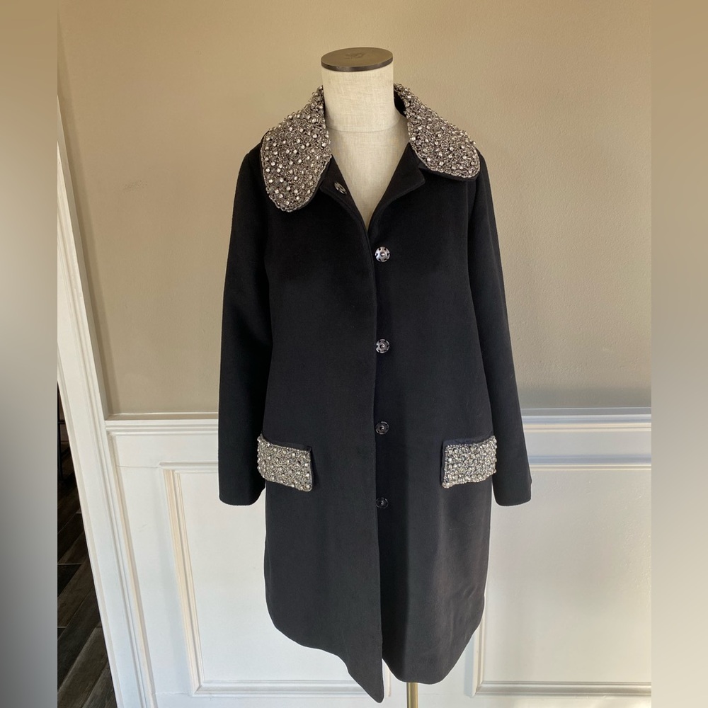 Coleen Lopez black coat with bejeweled accents
